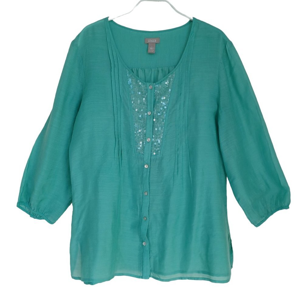 Chicos Blouse Green Sequin Detail Button Front Top Womens size Medium